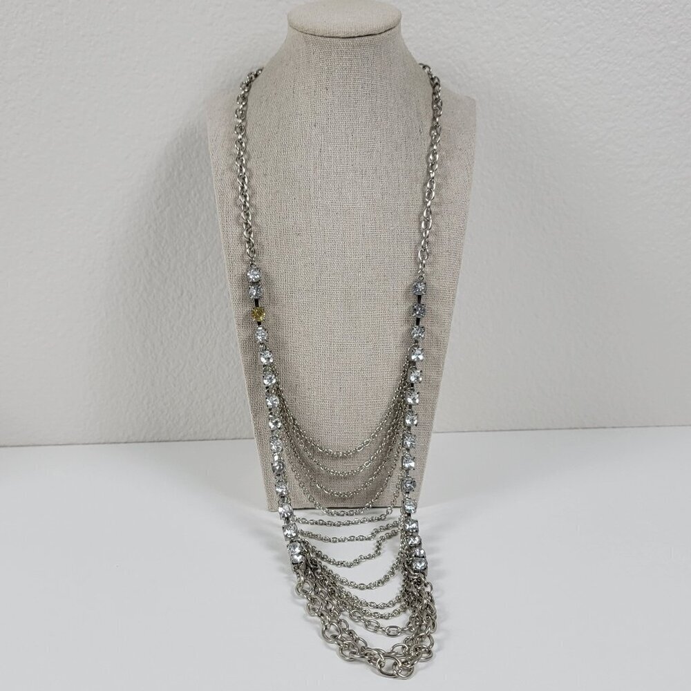 Silver-Tone Clear Rhinestones Waterfall Statement Necklace 28 Inch Lobster Clasp